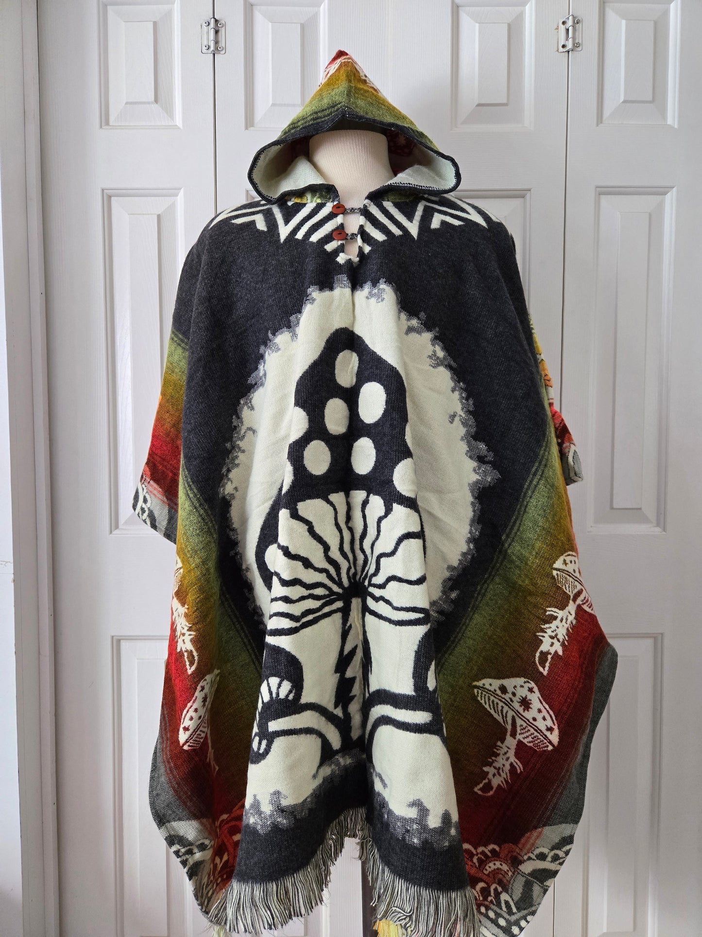 Hooded Poncho with Mushroom Pattern