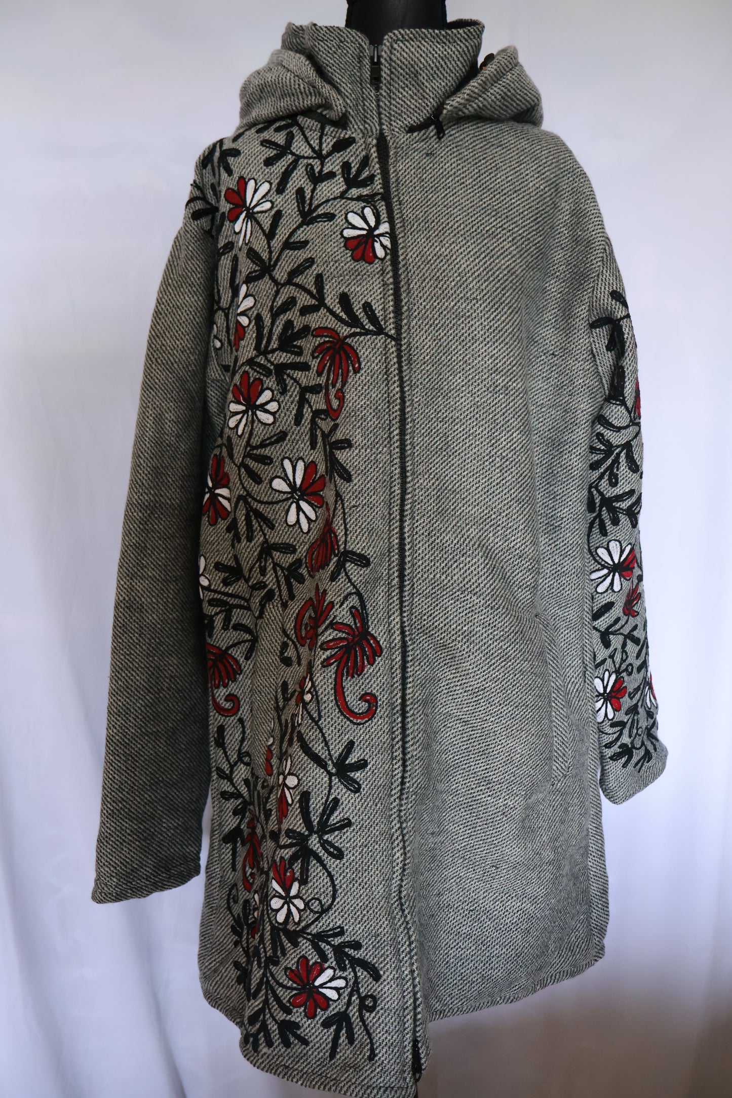 Wool Fleece Lined Jacket - Long - Floral Embroidery