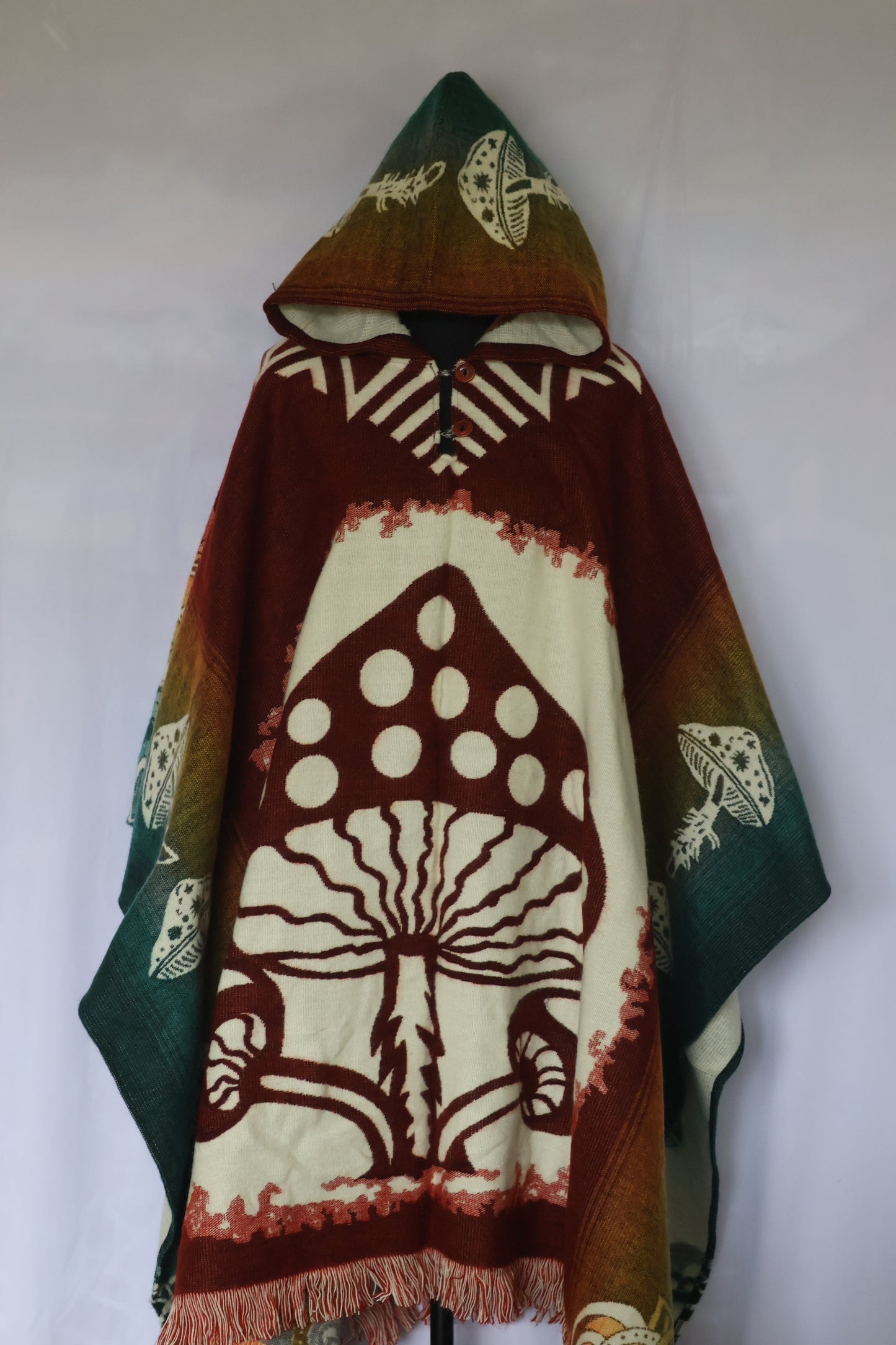 Hooded Poncho with Mushroom Pattern