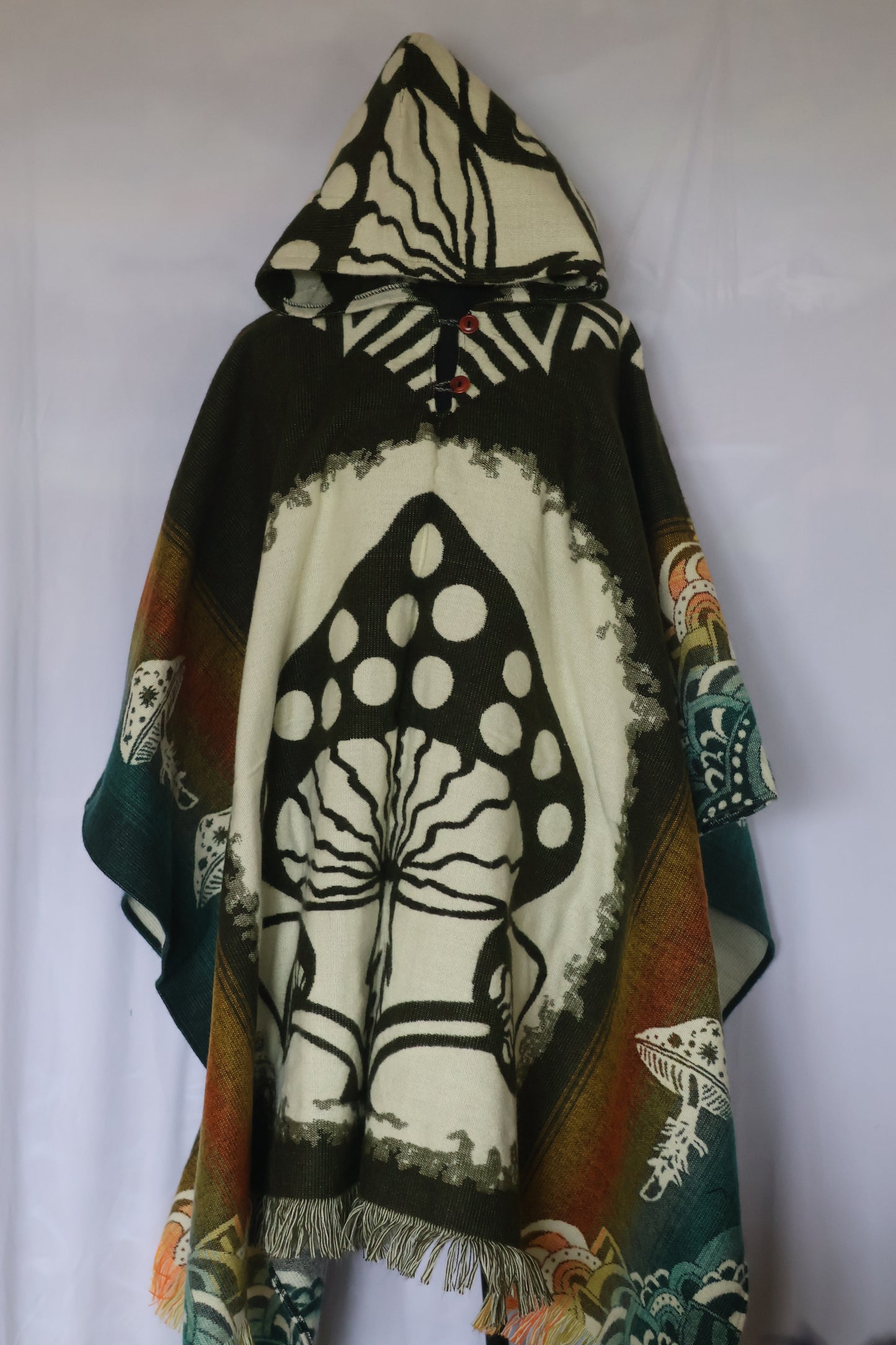Hooded Poncho with Mushroom Pattern