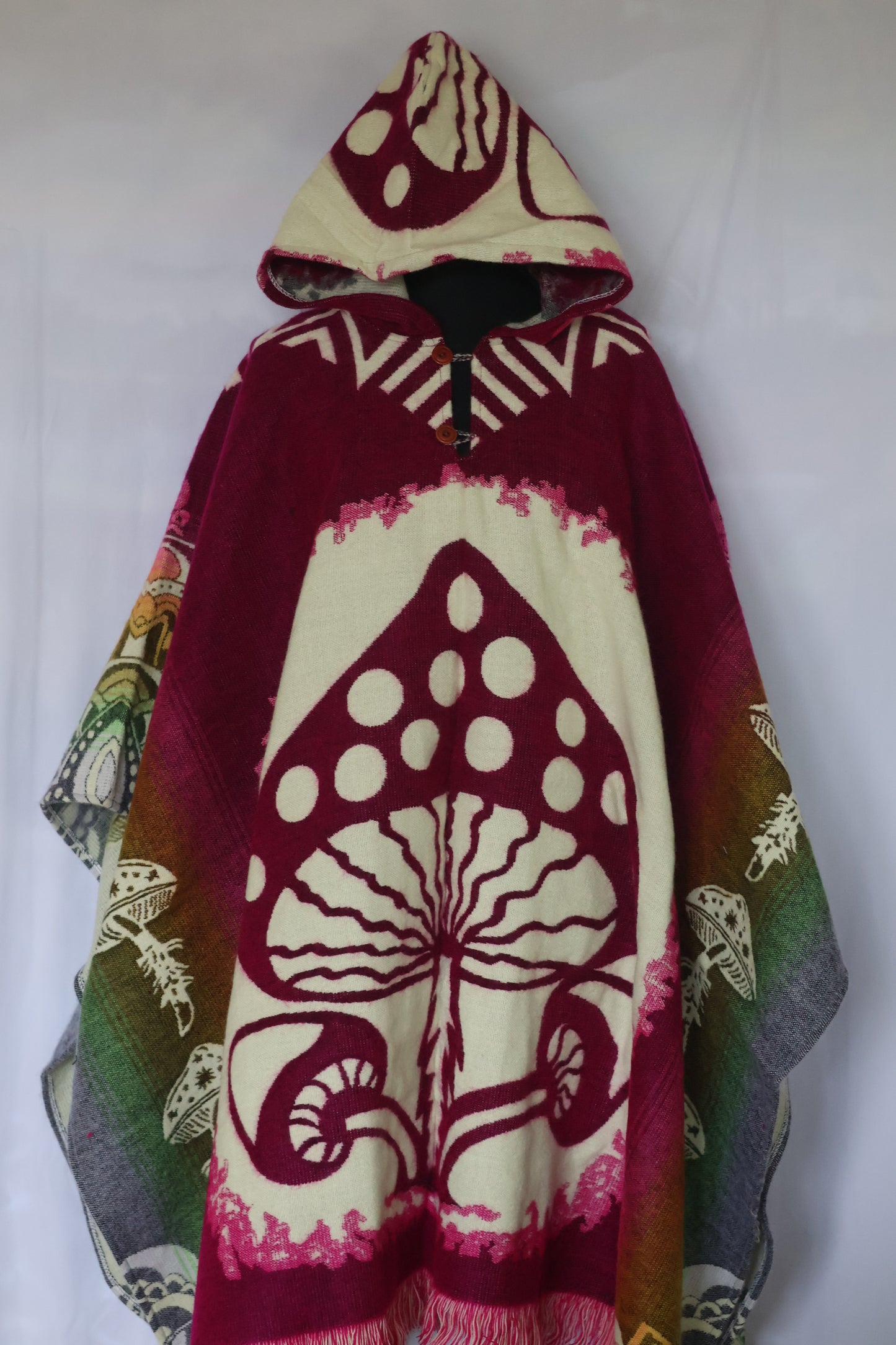 Hooded Poncho with Mushroom Pattern
