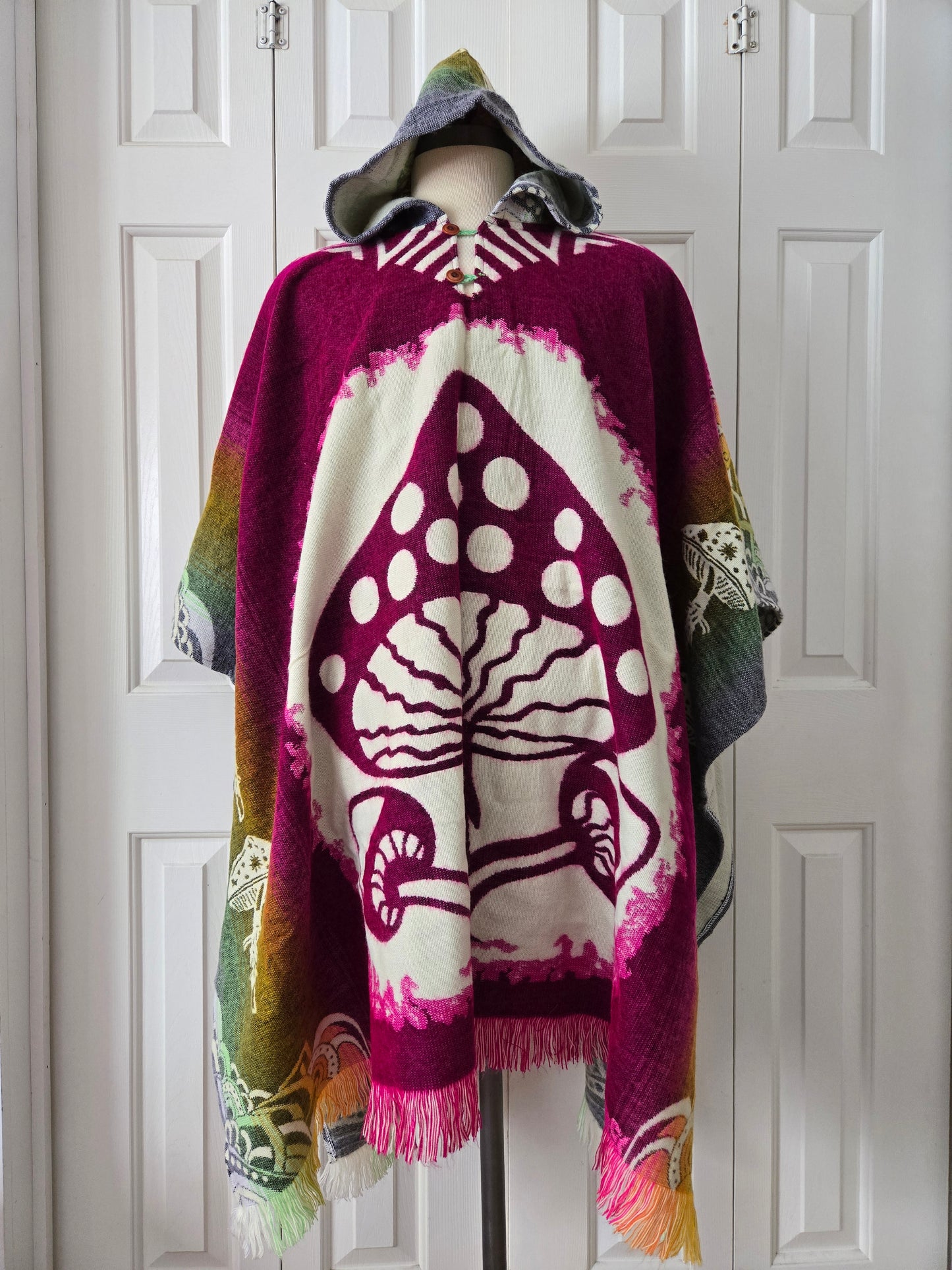 Hooded Poncho with Mushroom Pattern