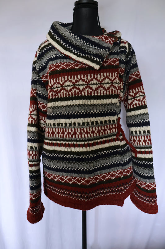 Asymmetric Wool Sweater with Side Tie - Fleece Lined