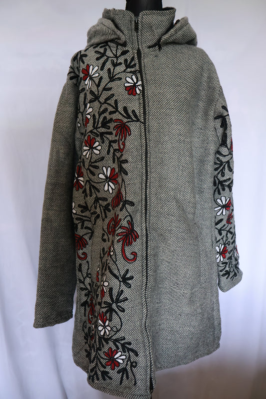 Wool Fleece Lined Jacket - Long - Floral Embroidery
