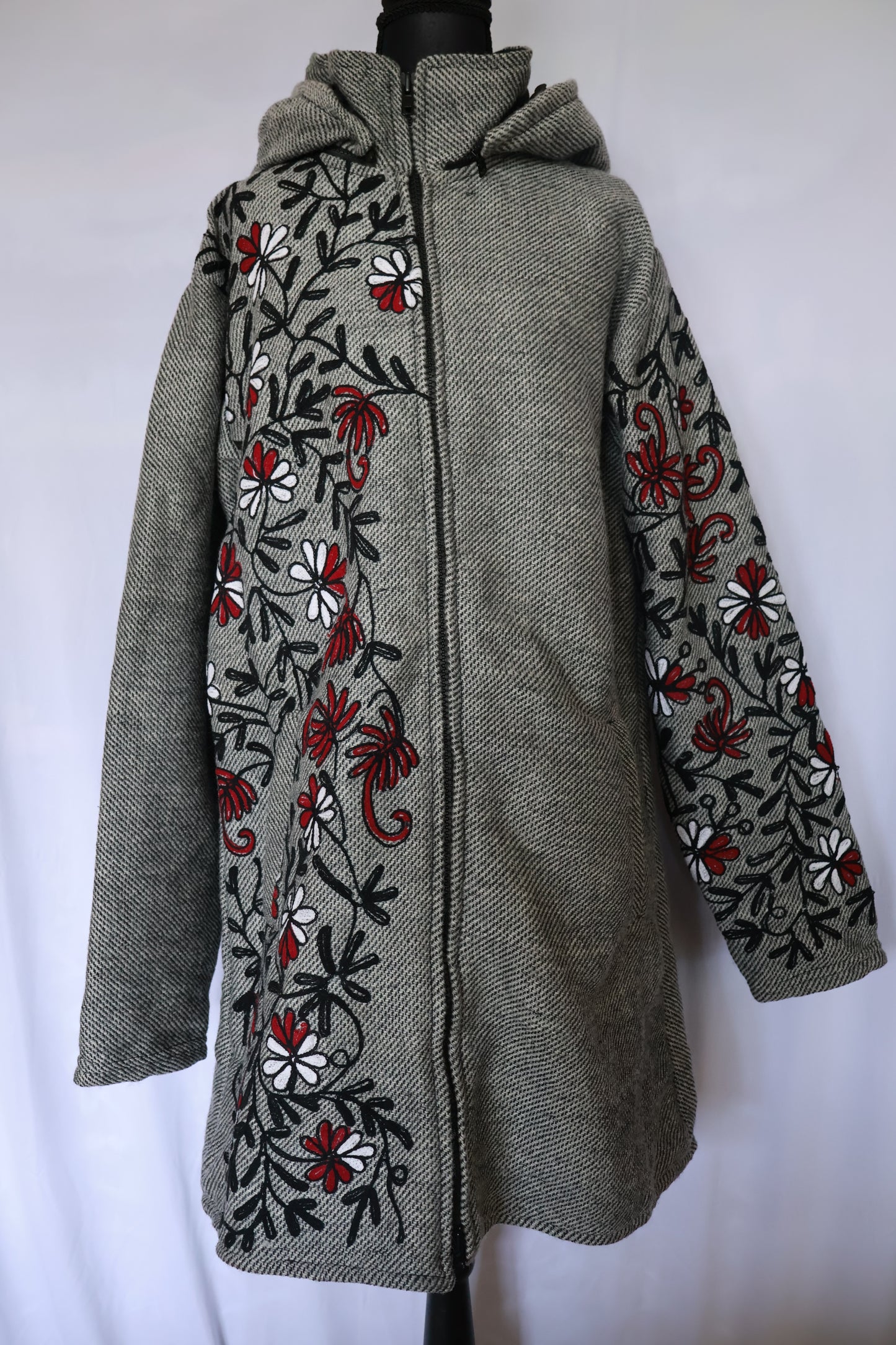 Wool Fleece Lined Jacket - Long - Floral Embroidery