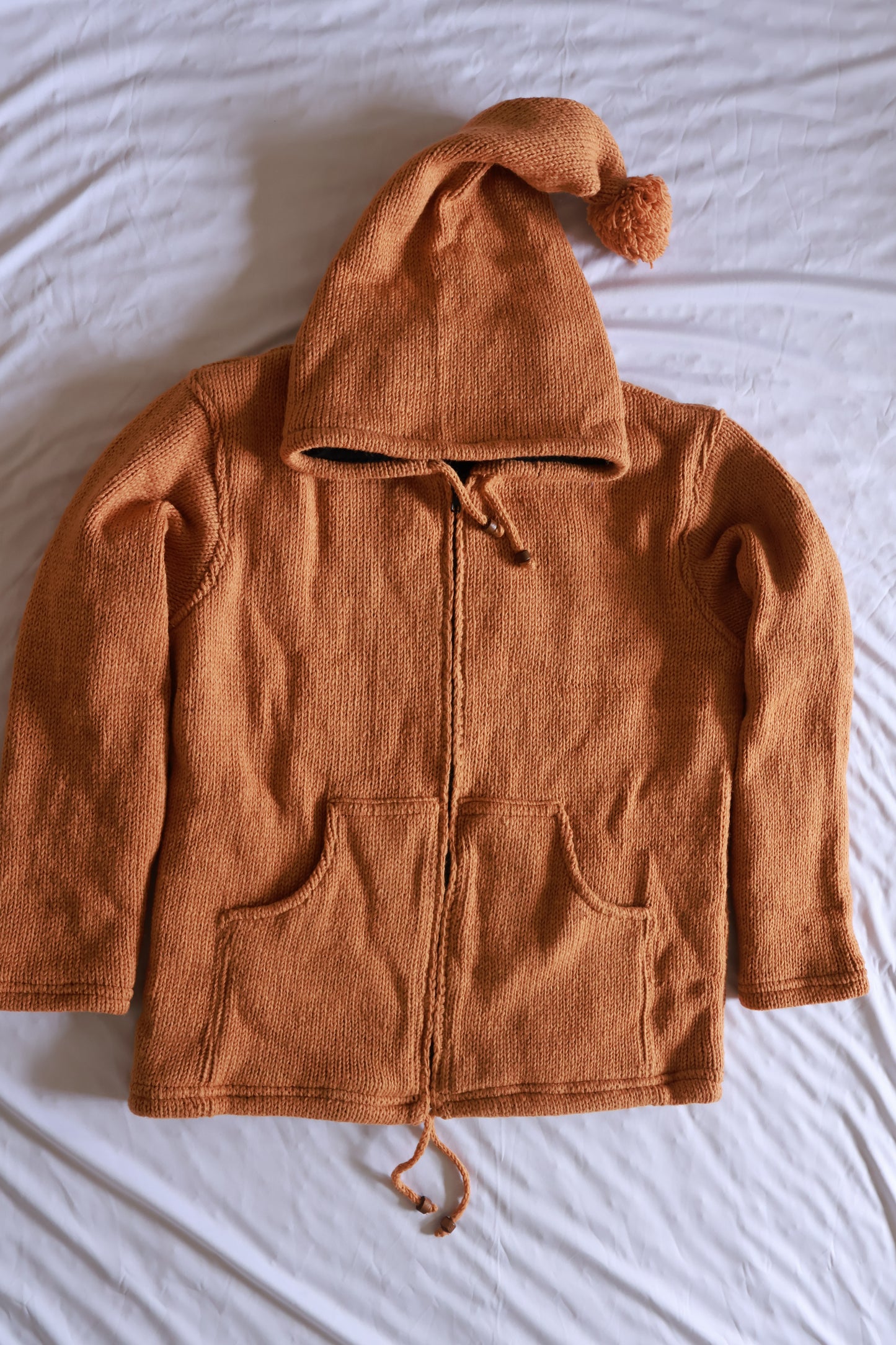 Wool Fleece Lined Jacket - Solid Color - Long Hood