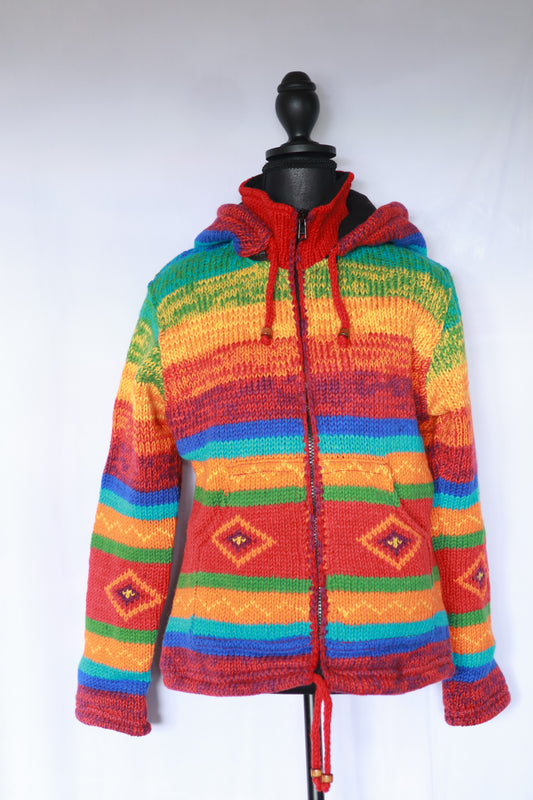 Wool Fleece Lined Jacket - Big Stripes - Short Hood
