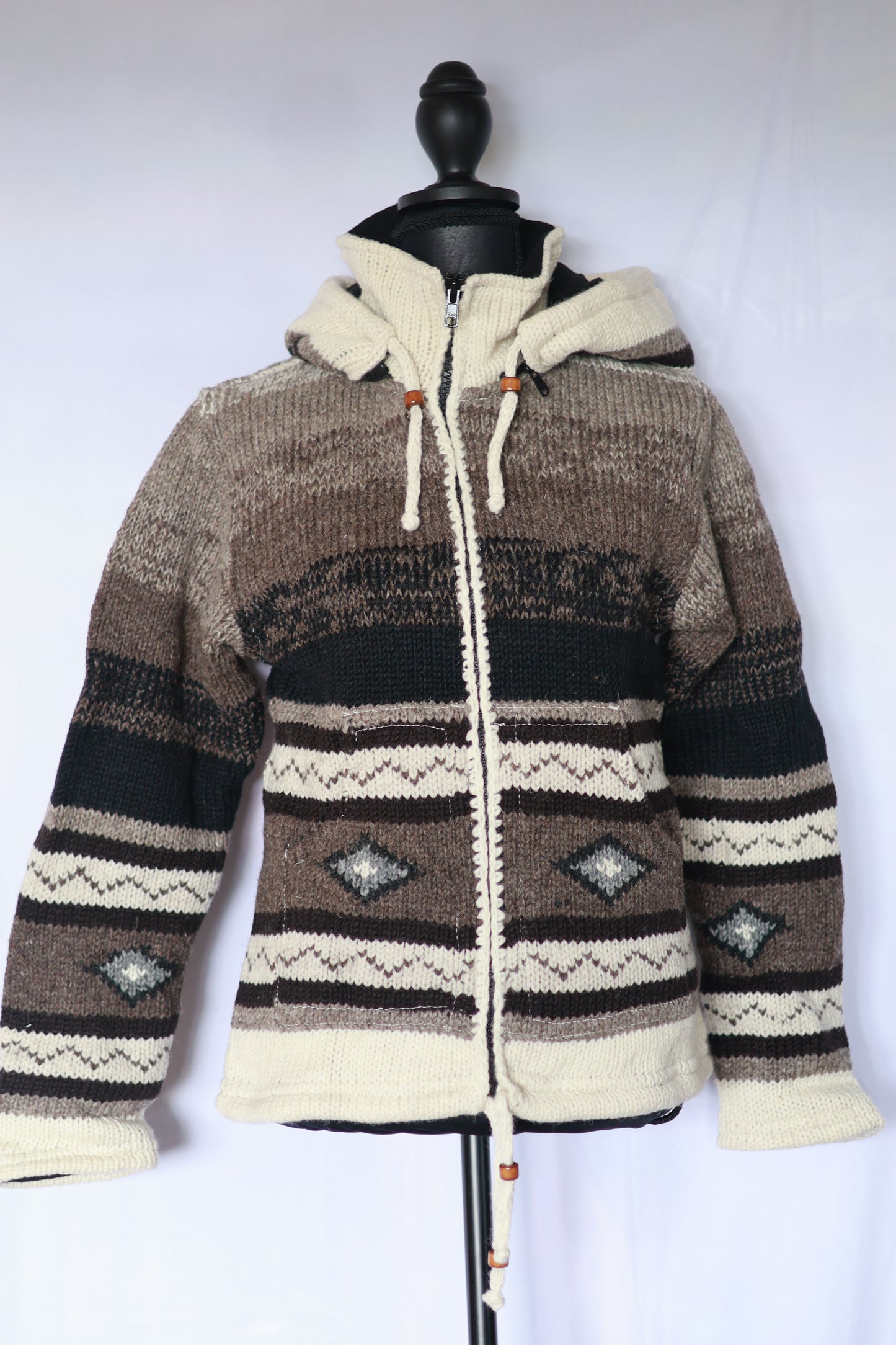 Wool Fleece Lined Jacket - Big Stripes - Short Hood