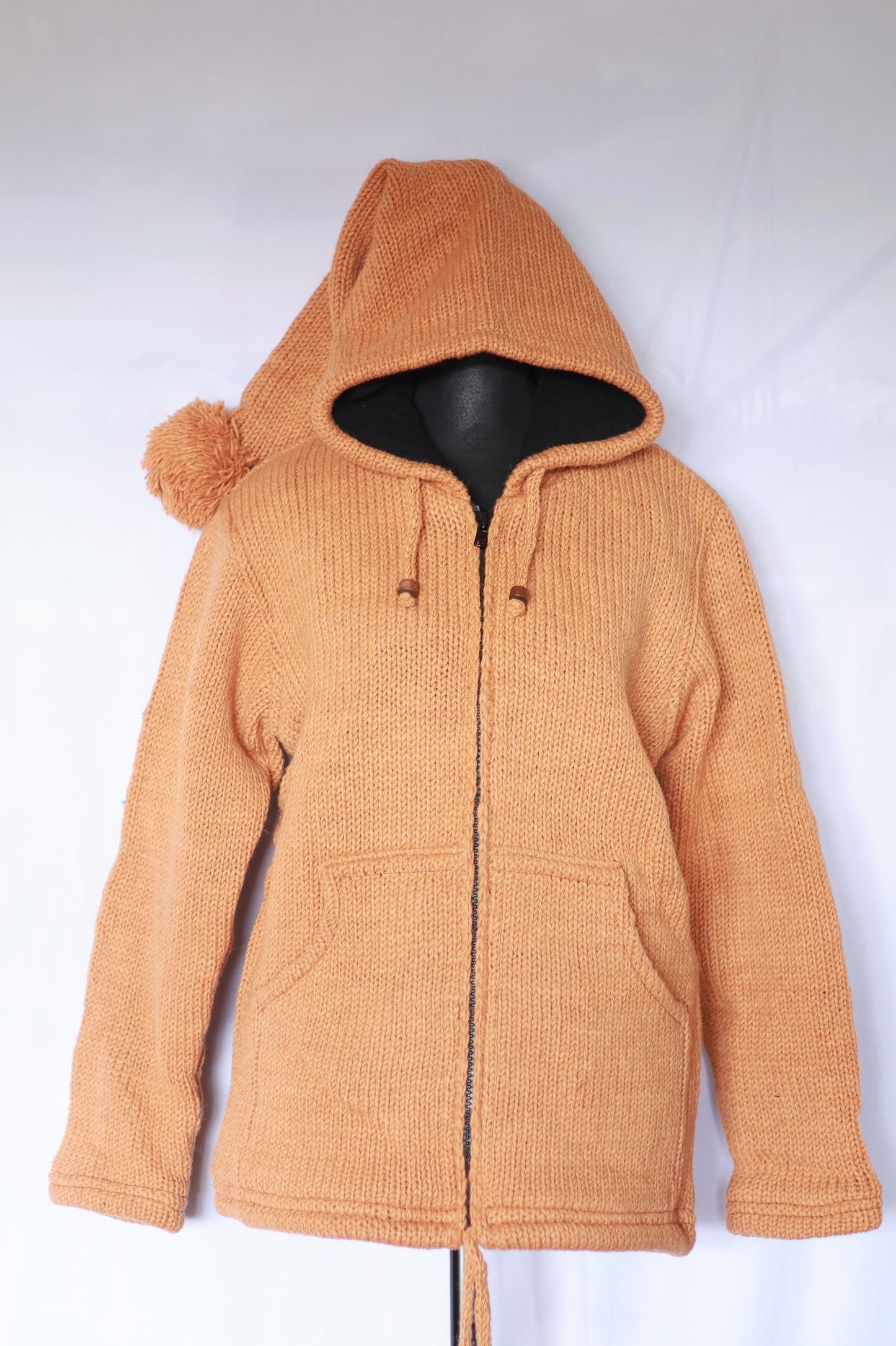 Wool Fleece Lined Jacket - Solid Color - Long Hood