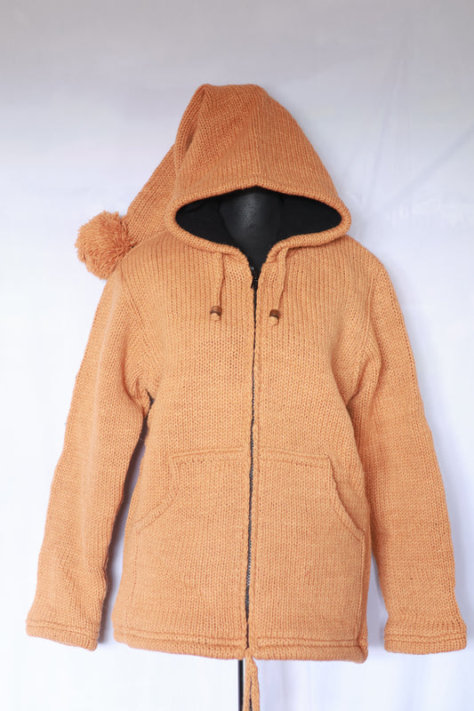 Wool Fleece Lined Jacket - Solid Color - Long Hood