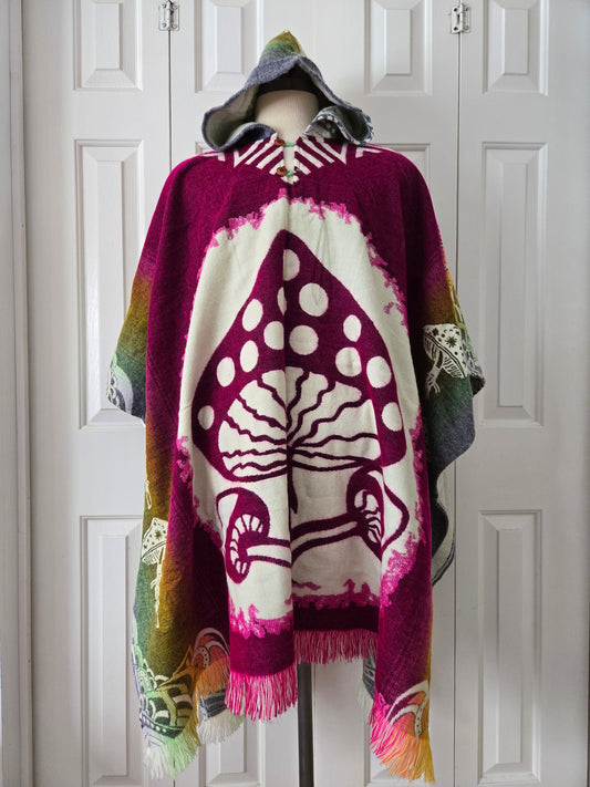 Hooded Poncho with Mushroom Pattern
