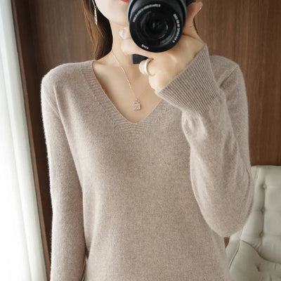 Women's V-Neck Knit Sweater – Slim Fit Solid Pullover