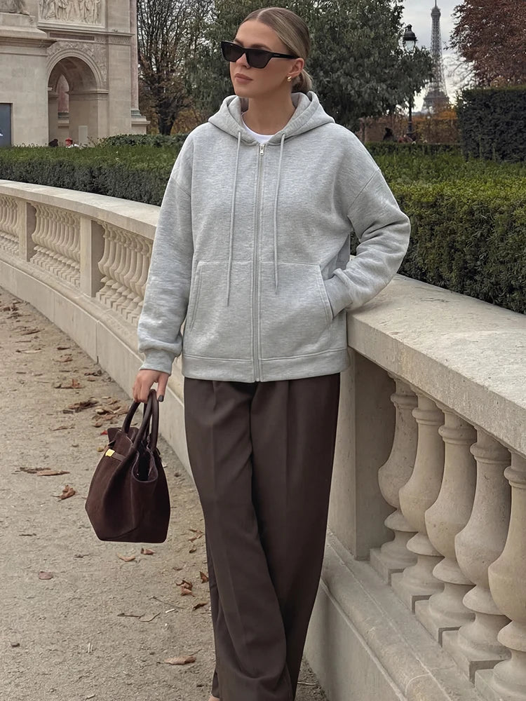 Women's Loose Zip-Up Hoodie Jacket – Big Pocket Casual Outerwear
