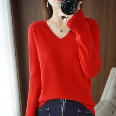 Women's V-Neck Knit Sweater – Slim Fit Solid Pullover