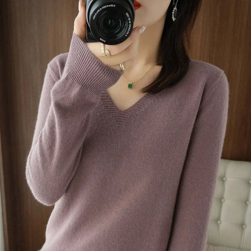 Women's V-Neck Knit Sweater – Slim Fit Solid Pullover