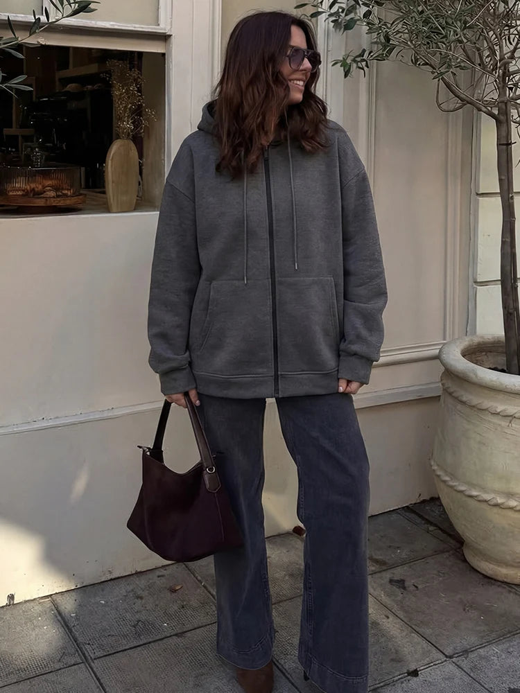 Women's Loose Zip-Up Hoodie Jacket – Big Pocket Casual Outerwear