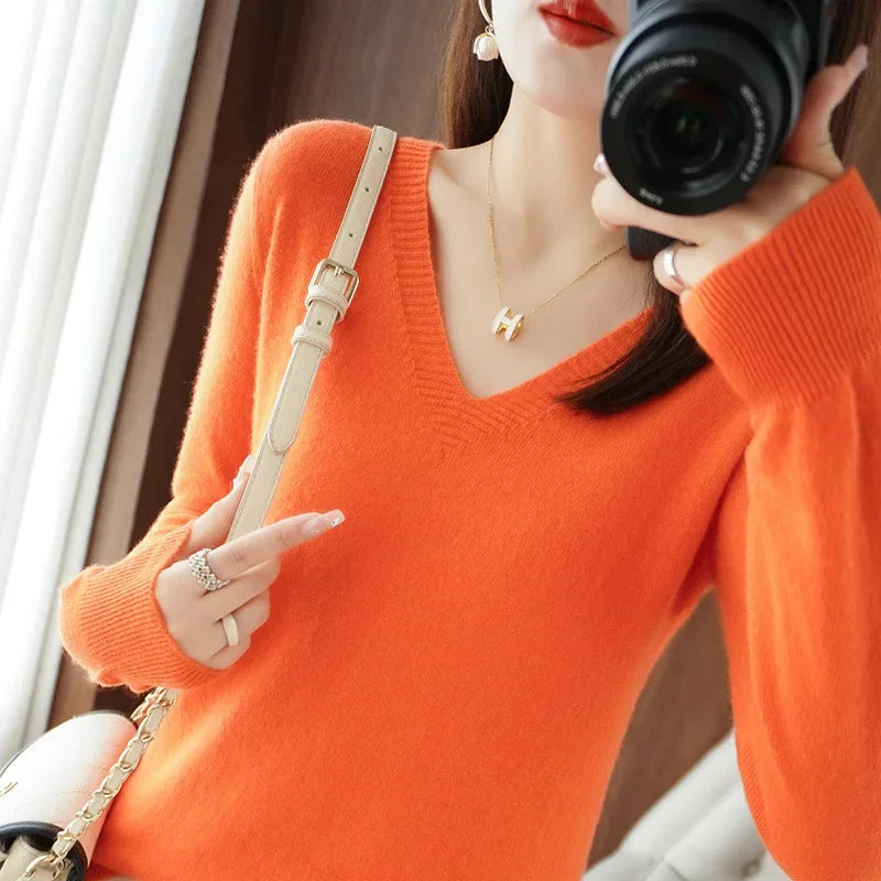 Women's V-Neck Knit Sweater – Slim Fit Solid Pullover