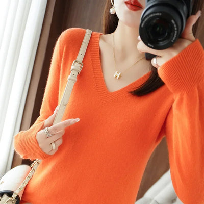 Women's V-Neck Knit Sweater – Slim Fit Solid Pullover