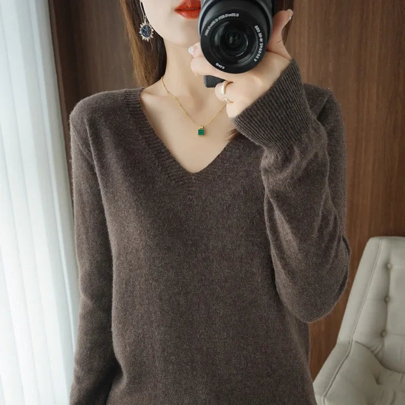 Women's V-Neck Knit Sweater – Slim Fit Solid Pullover