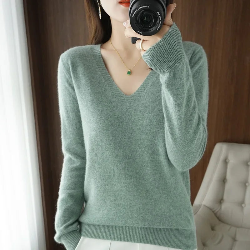 Women's V-Neck Knit Sweater – Slim Fit Solid Pullover