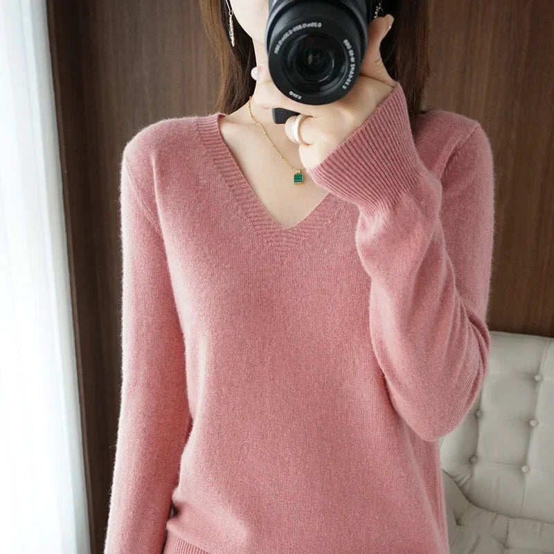 Women's V-Neck Knit Sweater – Slim Fit Solid Pullover