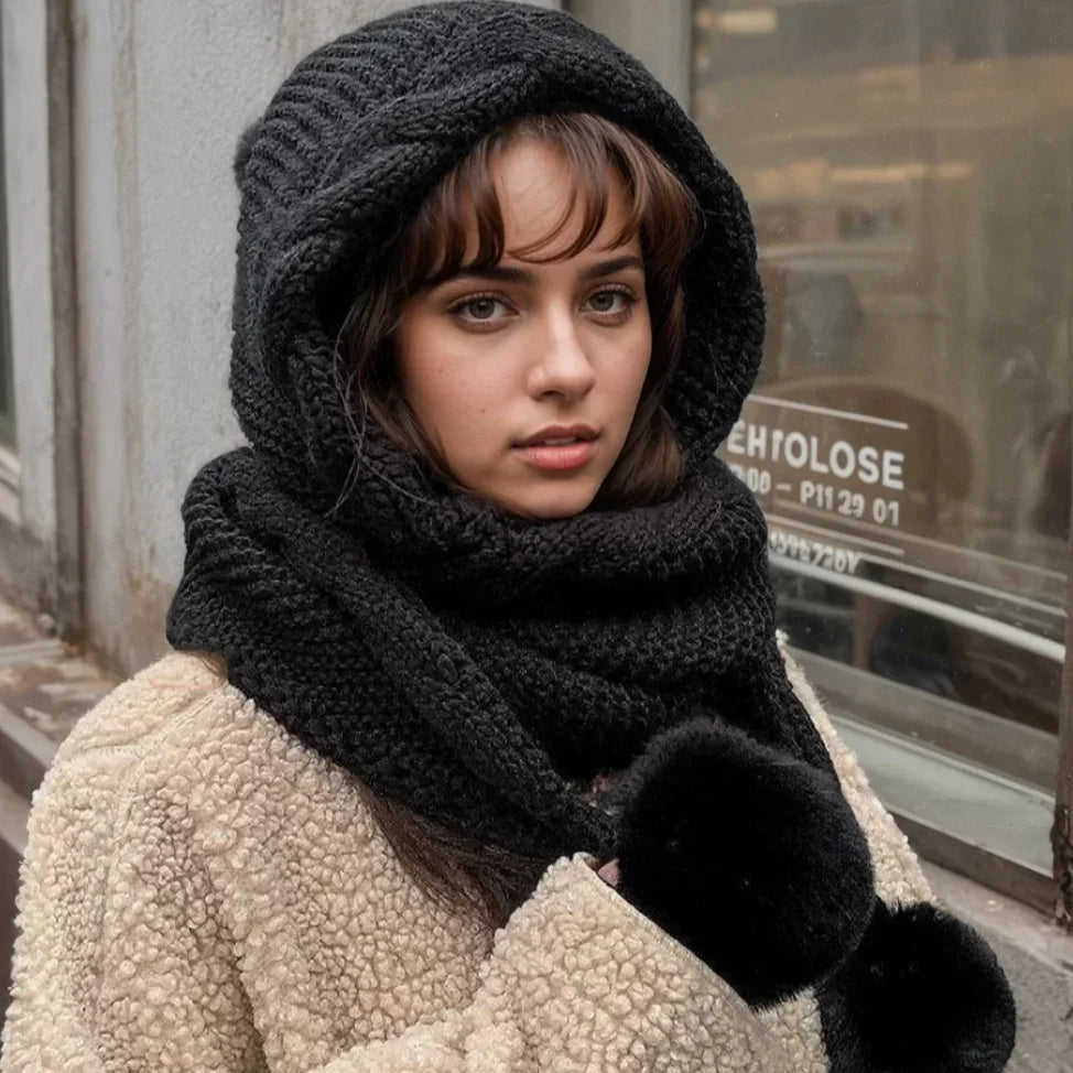 Women's Winter Hat & Scarf Set – Thermal Wool Pom Beanie Balaclava