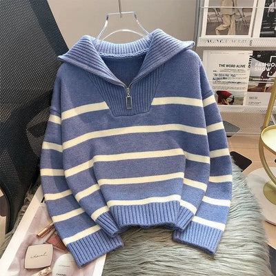 Striped Zip-Collar Women's Pullover Sweater – Short Style Knitwear