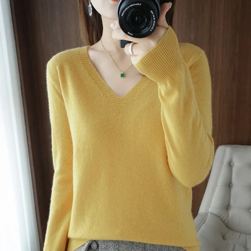 Women's V-Neck Knit Sweater – Slim Fit Solid Pullover