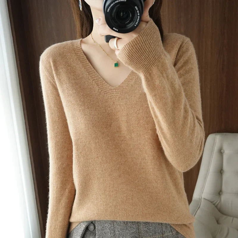 Women's V-Neck Knit Sweater – Slim Fit Solid Pullover