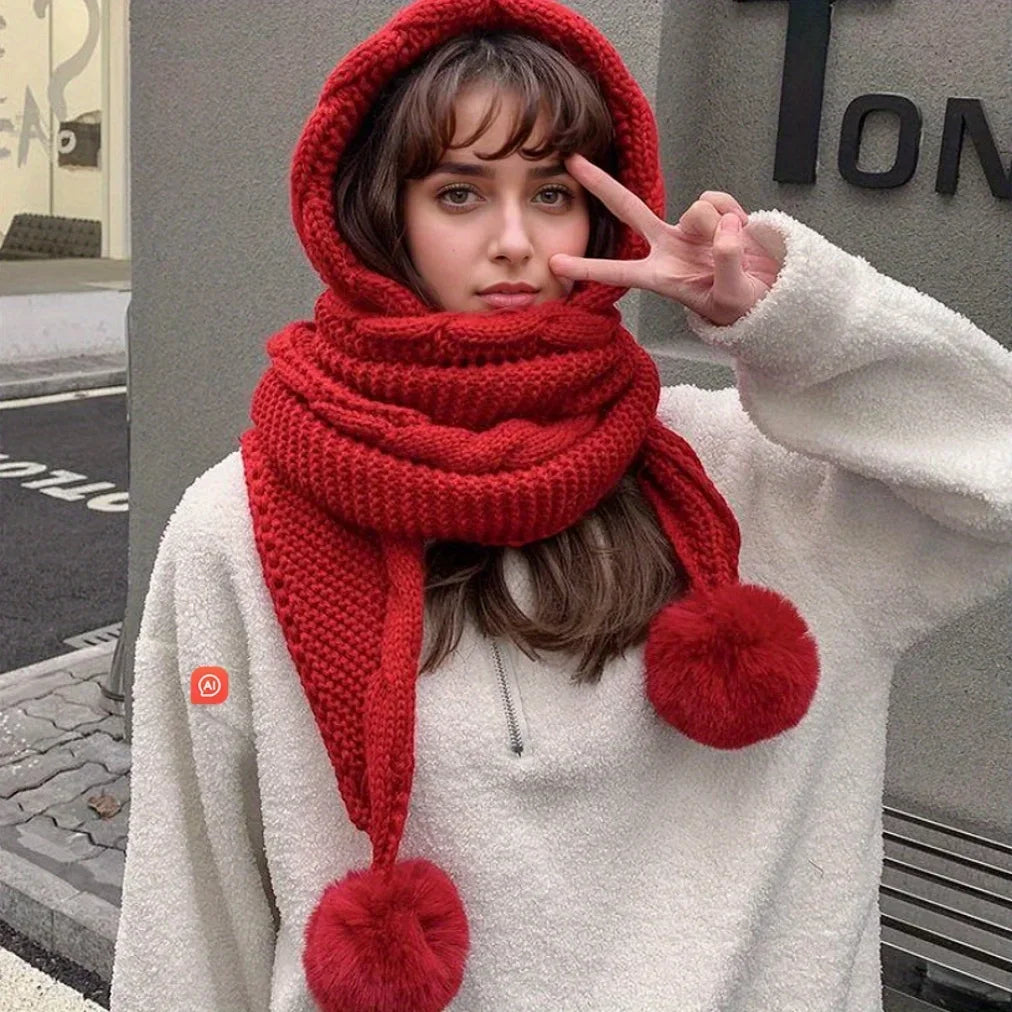 Women's Winter Hat & Scarf Set – Thermal Wool Pom Beanie Balaclava