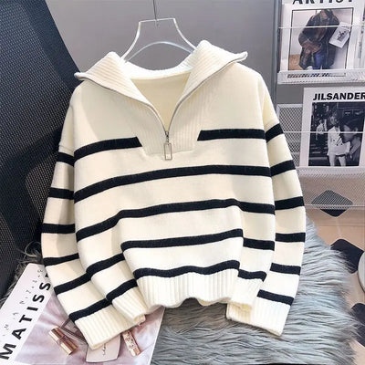Striped Zip-Collar Women's Pullover Sweater – Short Style Knitwear