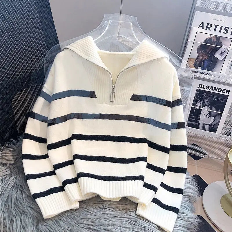 Striped Zip-Collar Women's Pullover Sweater – Short Style Knitwear