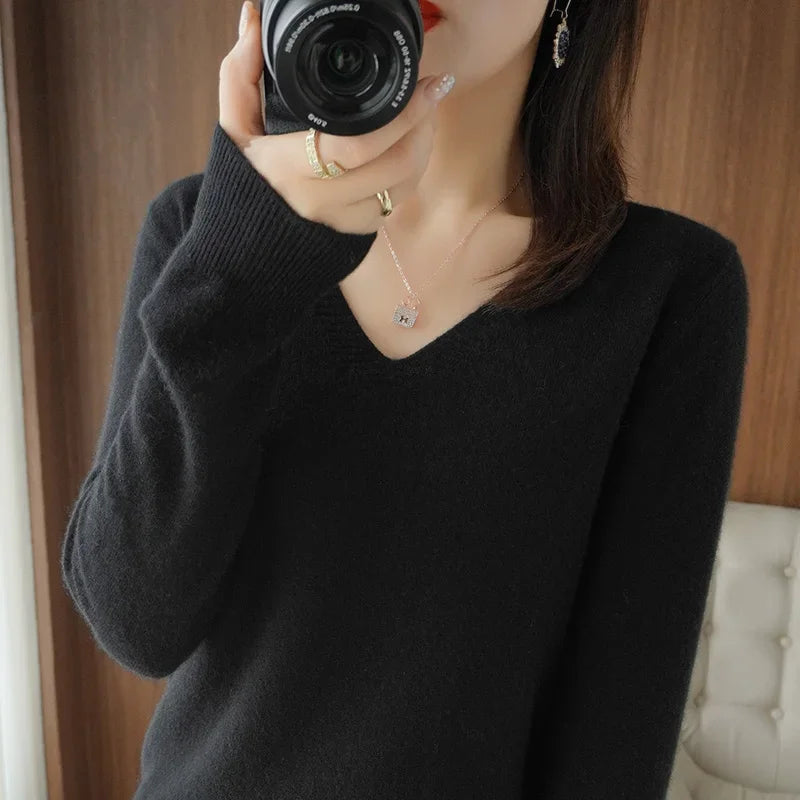 Women's V-Neck Knit Sweater – Slim Fit Solid Pullover