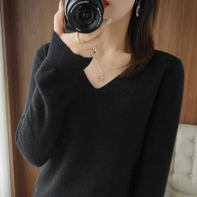 Women's V-Neck Knit Sweater – Slim Fit Solid Pullover