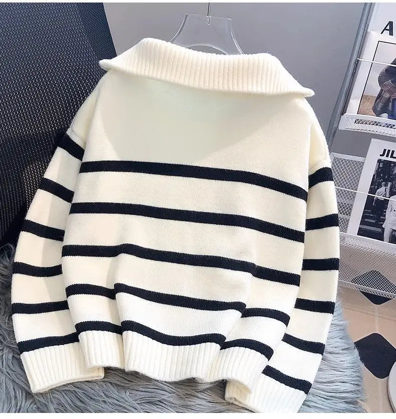 Striped Zip-Collar Women's Pullover Sweater – Short Style Knitwear