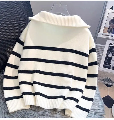 Striped Zip-Collar Women's Pullover Sweater – Short Style Knitwear