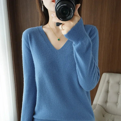 Women's V-Neck Knit Sweater – Slim Fit Solid Pullover