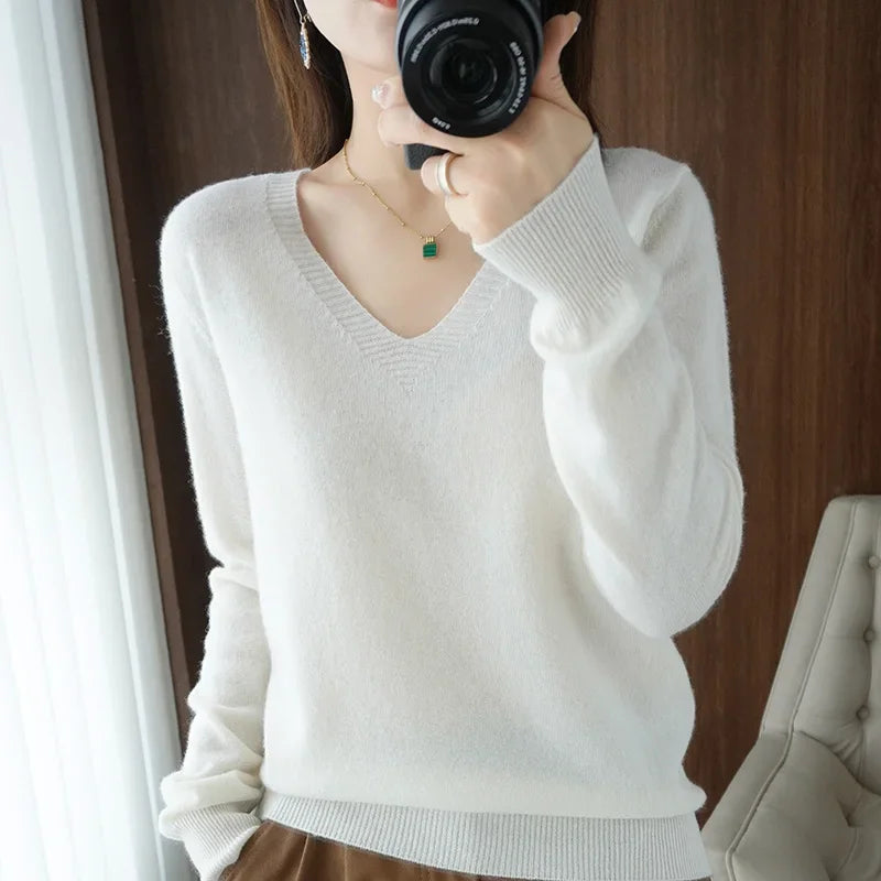 Women's V-Neck Knit Sweater – Slim Fit Solid Pullover