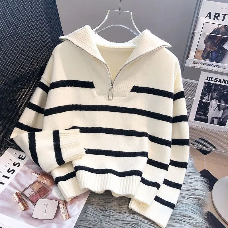 Striped Zip-Collar Women's Pullover Sweater – Short Style Knitwear