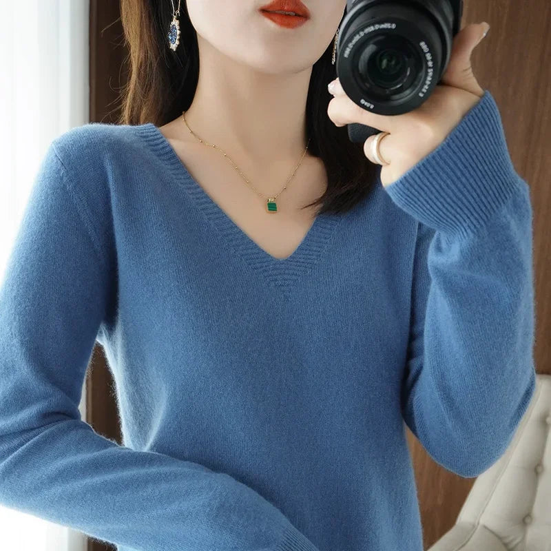 Women's V-Neck Knit Sweater – Slim Fit Solid Pullover