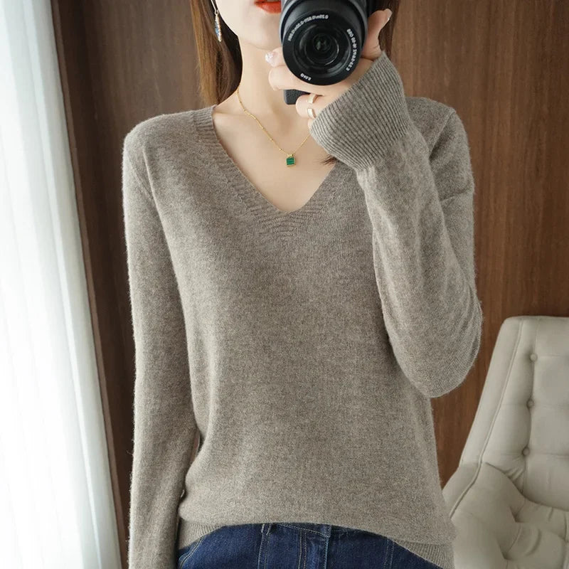 Women's V-Neck Knit Sweater – Slim Fit Solid Pullover