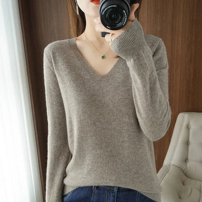 Women's V-Neck Knit Sweater – Slim Fit Solid Pullover