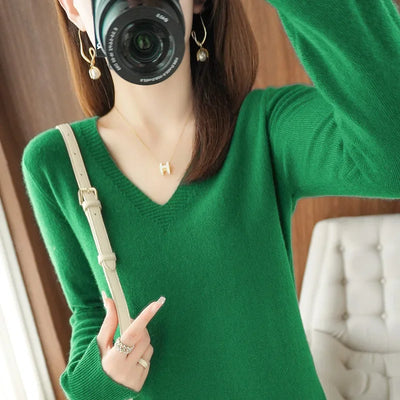Women's V-Neck Knit Sweater – Slim Fit Solid Pullover