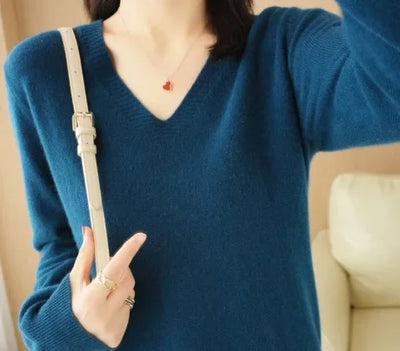 Women's V-Neck Knit Sweater – Slim Fit Solid Pullover