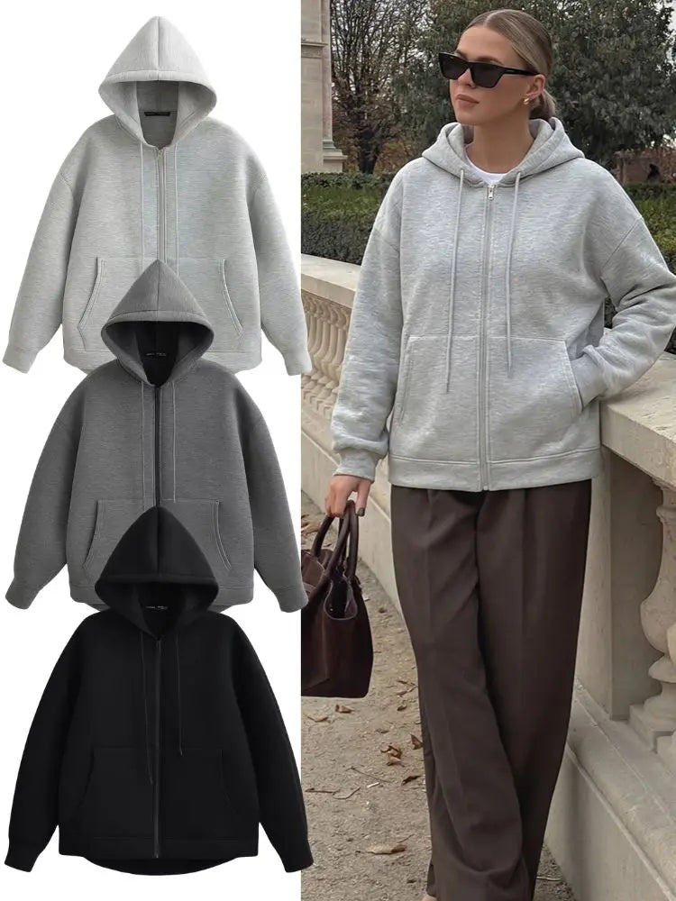 Women's Loose Zip-Up Hoodie Jacket – Big Pocket Casual Outerwear
