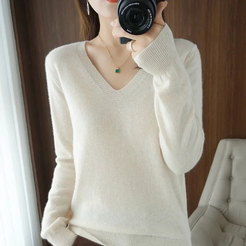 Women's V-Neck Knit Sweater – Slim Fit Solid Pullover