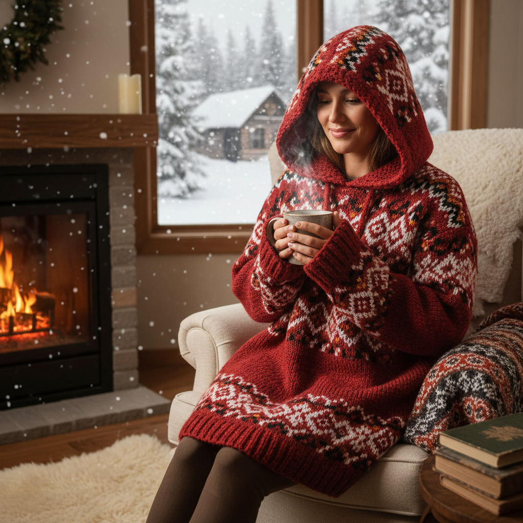 Red patterned knit hoodie lifestyle photo
