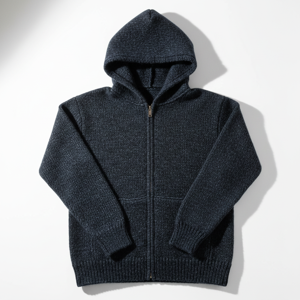 Dark navy knit hoodie on white background