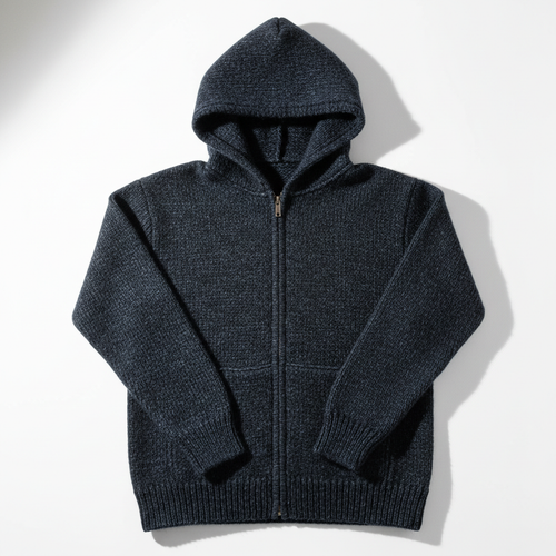 Dark navy knit hoodie on white background