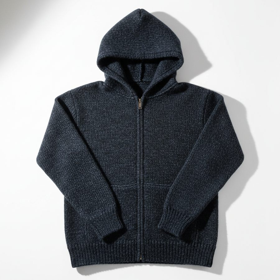 Dark navy knit hoodie on white background